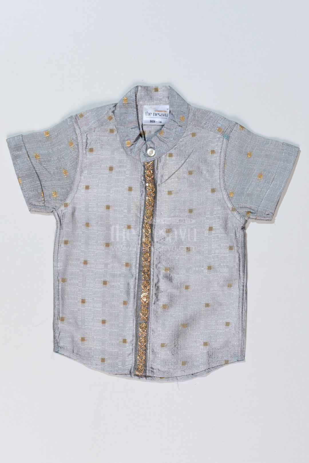 Boys Gray Silk Shirt with Embroidered Front Panel and Short Sleeves for Traditional and Festive Wear