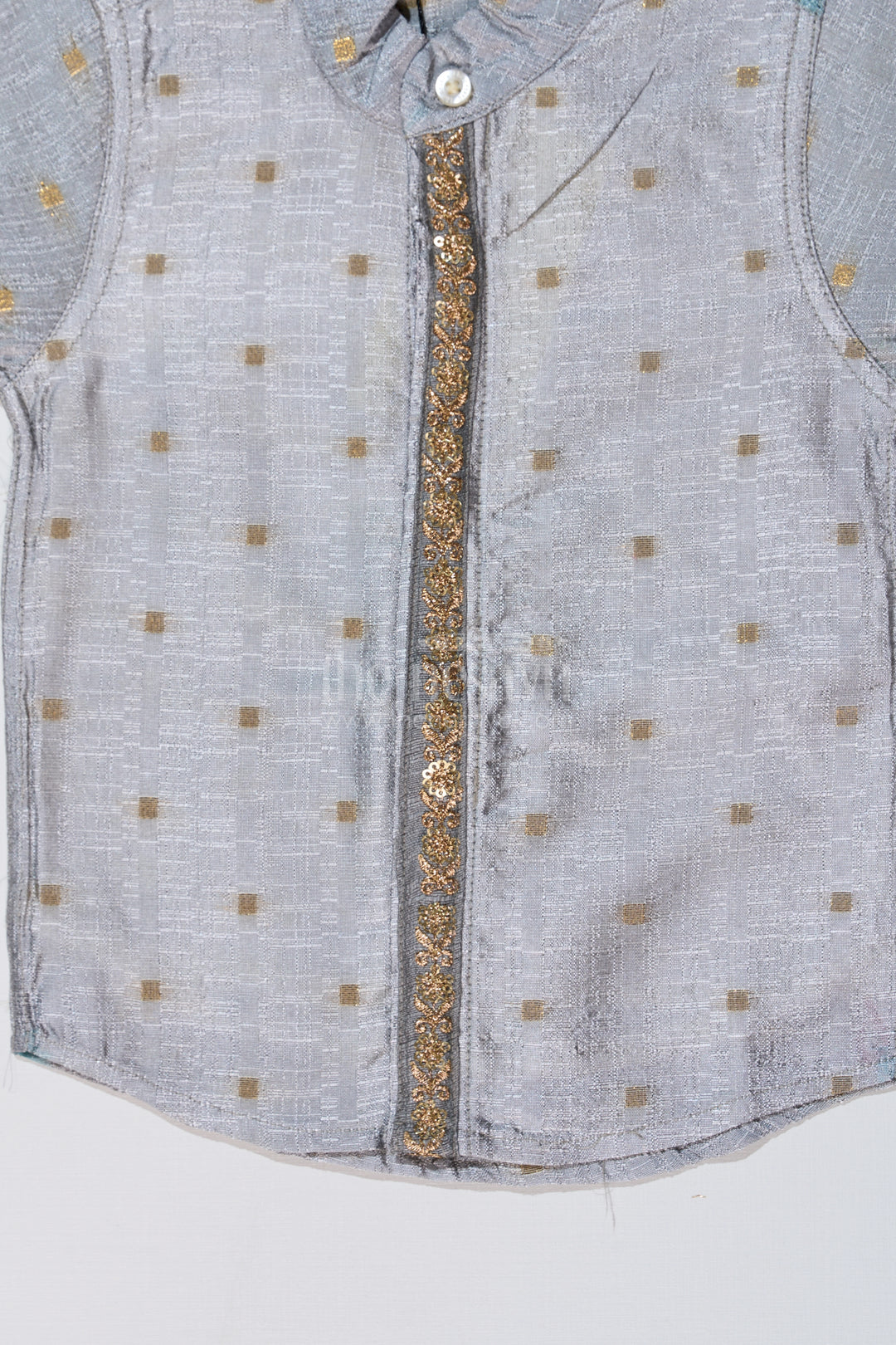 Boys Gray Silk Shirt with Embroidered Front Panel and Short Sleeves for Traditional and Festive Wear