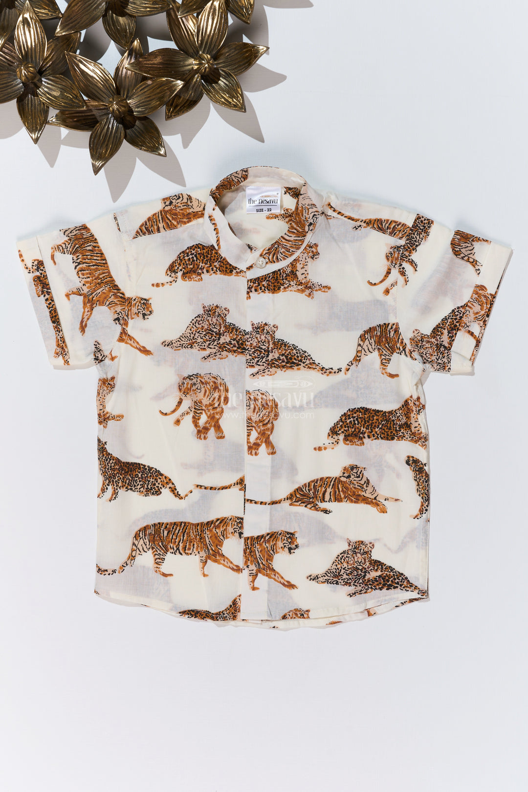 Boys Tiger Print Half Shirt in Cotton Block Print with Wild Jungle Theme