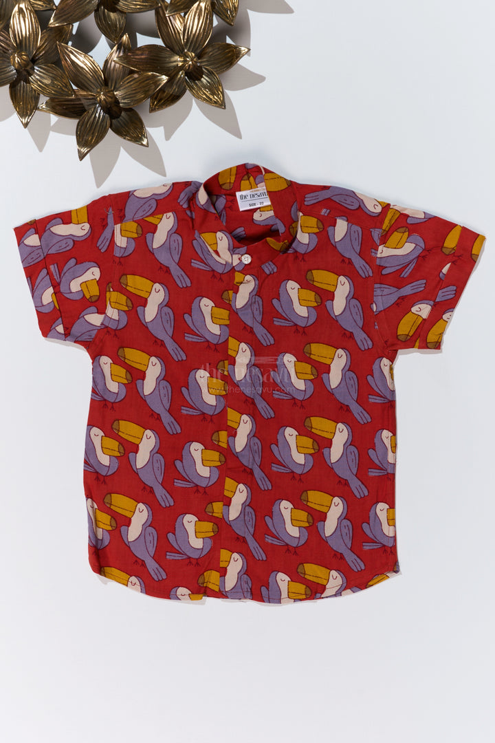 Boys Red Printed Shirt Half Sleeve in Soft Rayon with Playful Toucan Design