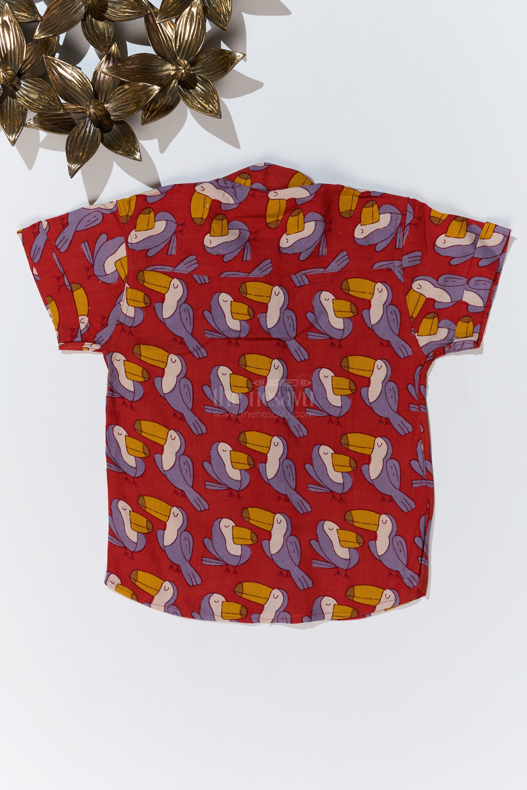 Boys Red Printed Shirt Half Sleeve in Soft Rayon with Playful Toucan Design