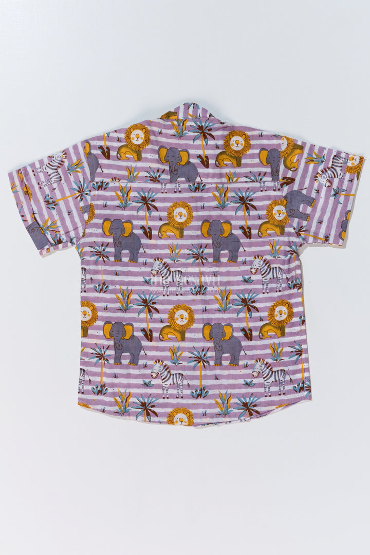 Boys Animal Print Casual Dress Shirt in Cotton Block Print with Safari-Inspired Design