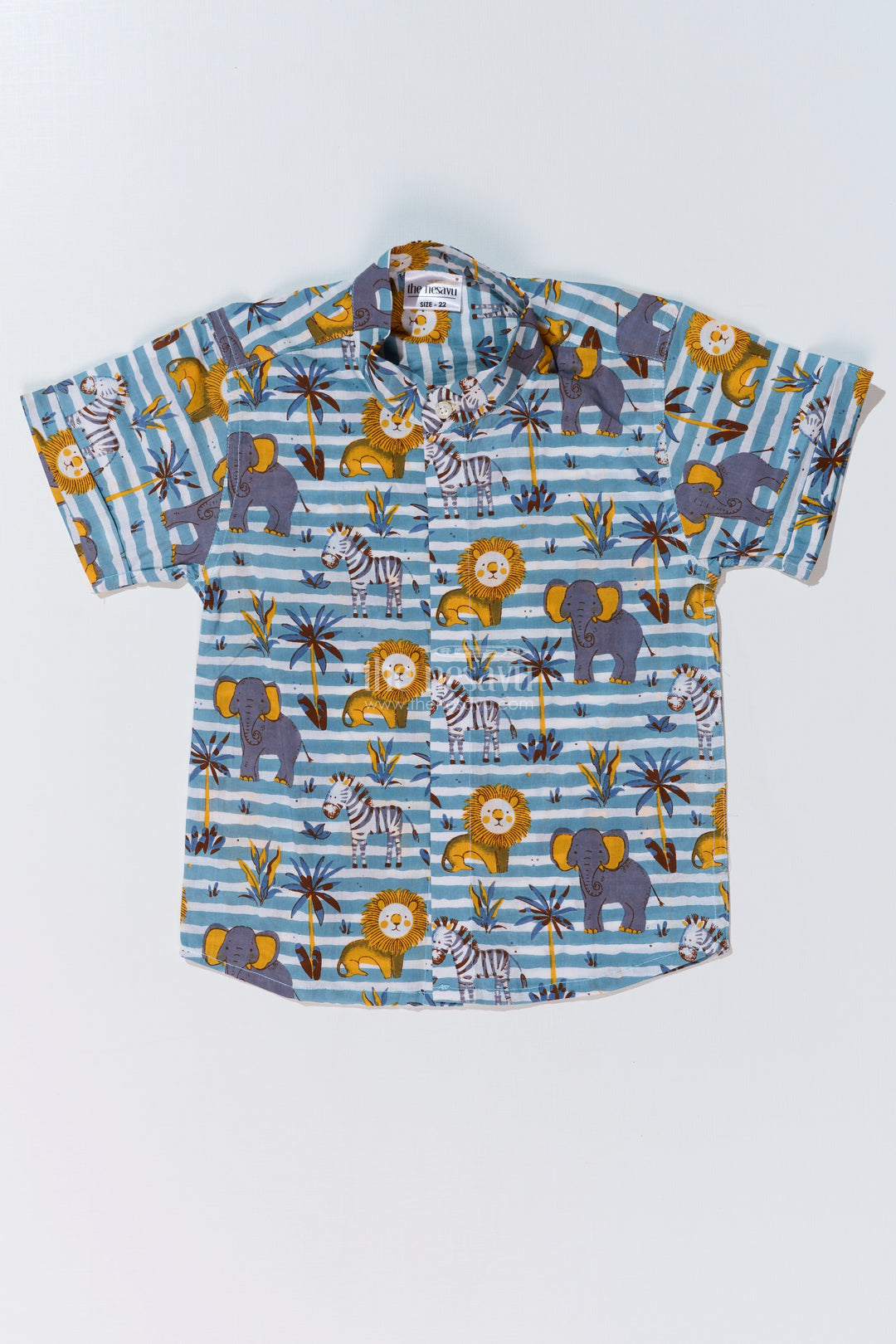 Boys Safari Print Cotton Block Shirt with Half Sleeves in Blue Striped Design