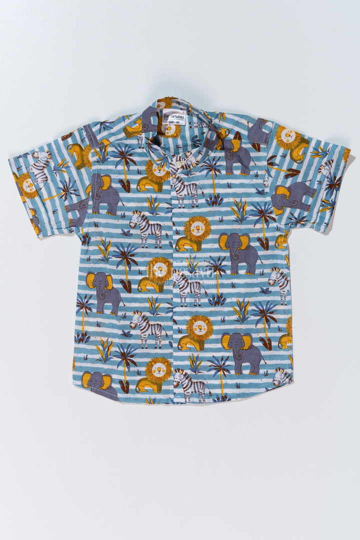 Boys Safari Print Cotton Block Shirt with Half Sleeves in Blue Striped Design