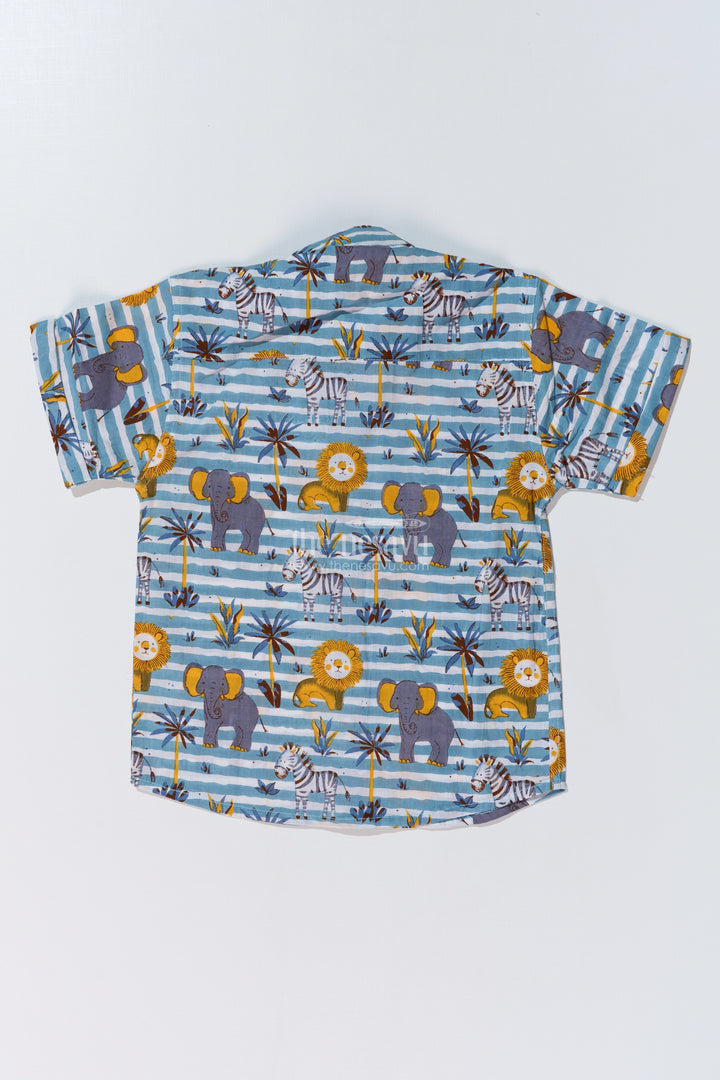 Boys Safari Print Cotton Block Shirt with Half Sleeves in Blue Striped Design