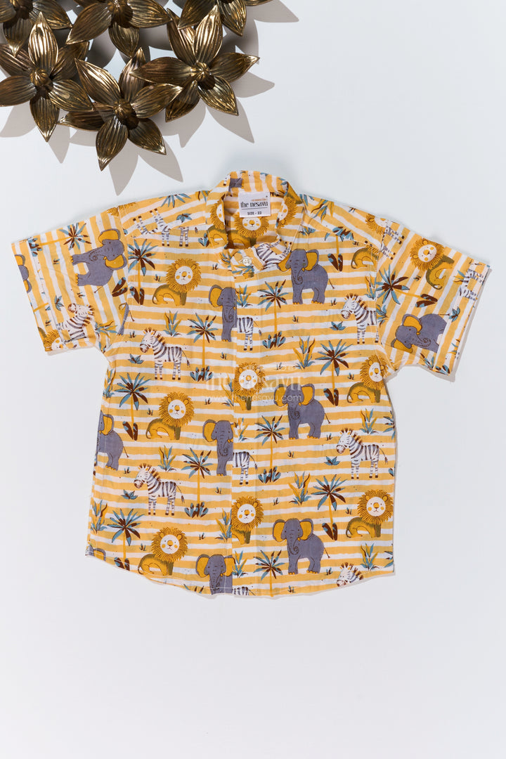 Boys Safari-Themed Cotton Block Print Shirt with Half Sleeves in Mustard Yellow