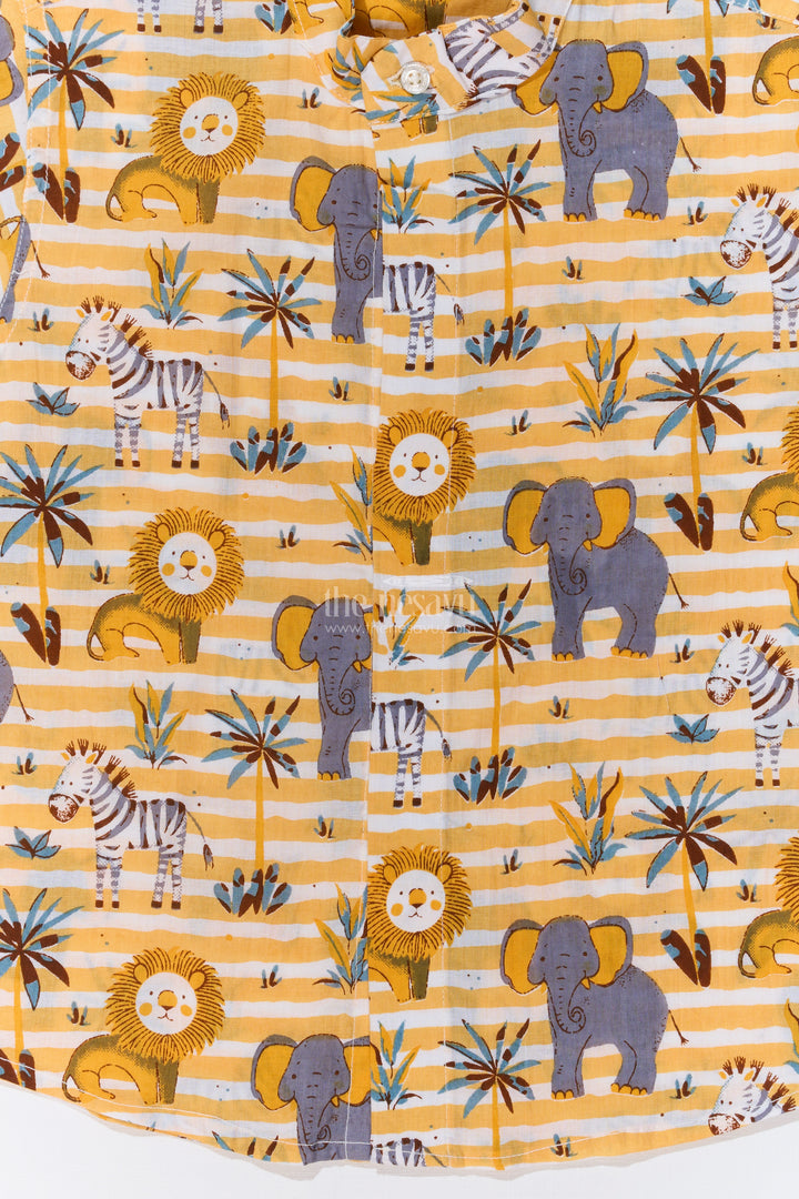 Boys Safari-Themed Cotton Block Print Shirt with Half Sleeves in Mustard Yellow