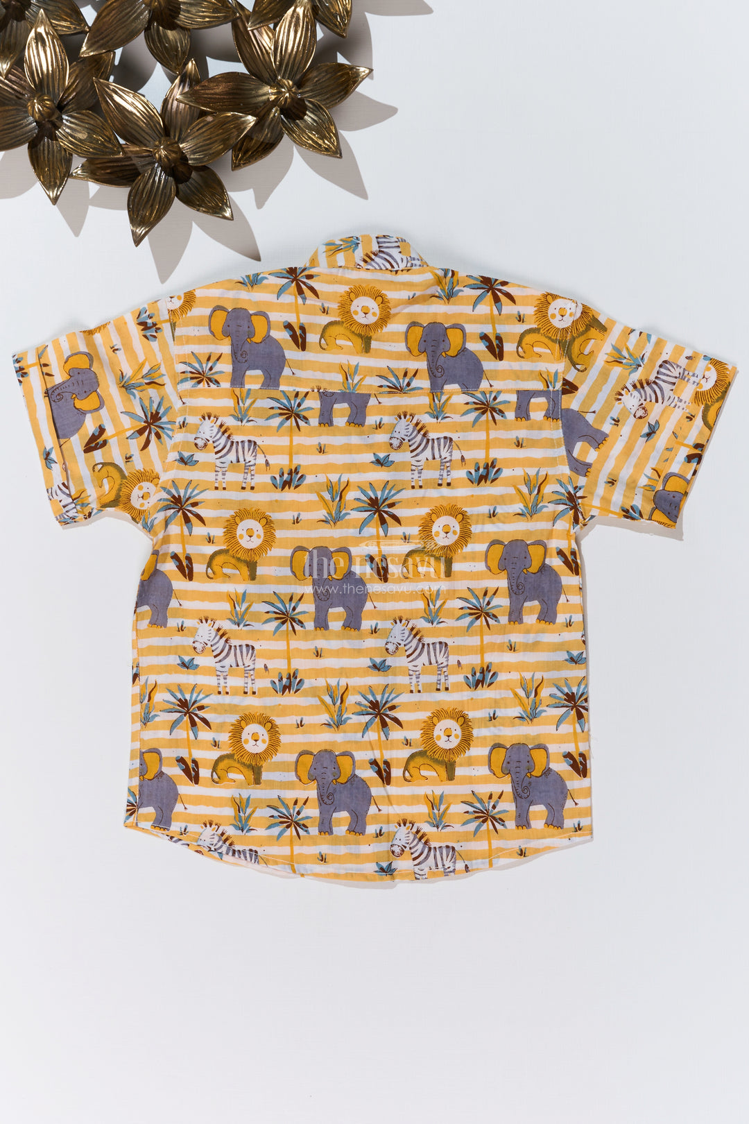 Boys Safari-Themed Cotton Block Print Shirt with Half Sleeves in Mustard Yellow