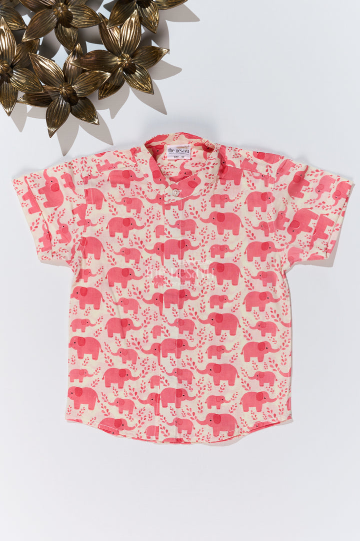 Boys Shirt Half Shirt in Cotton Block Print with Playful Elephant Pattern