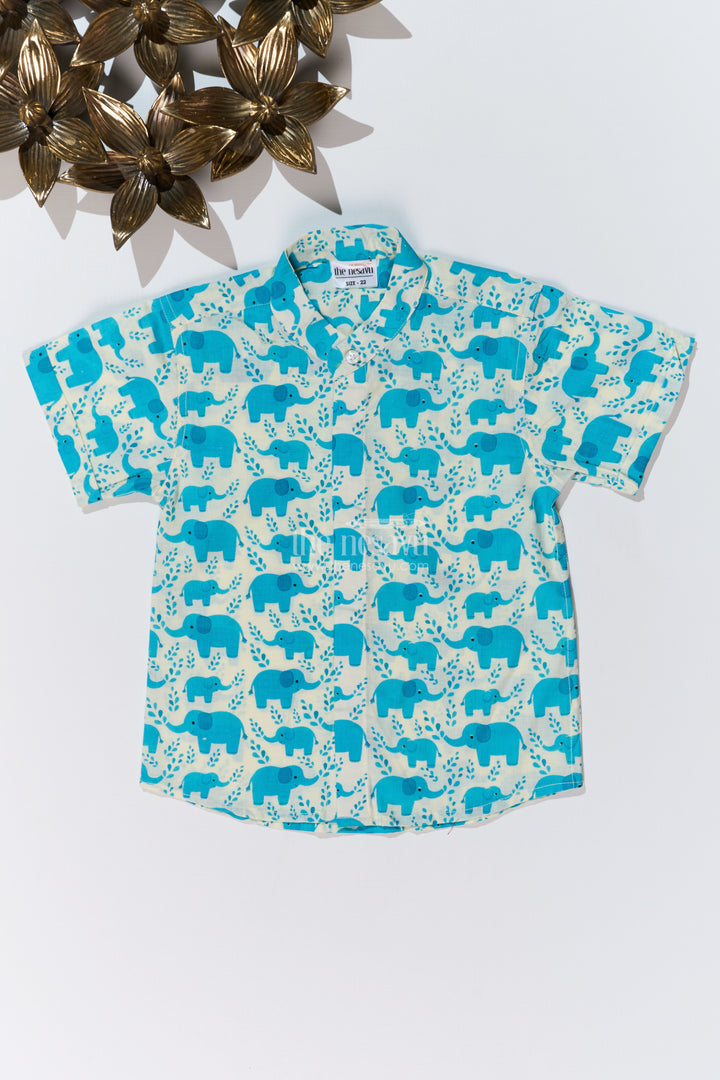 Boys Blue Shirt Half Sleeve in Cotton Block Print with Adorable Elephant Motif