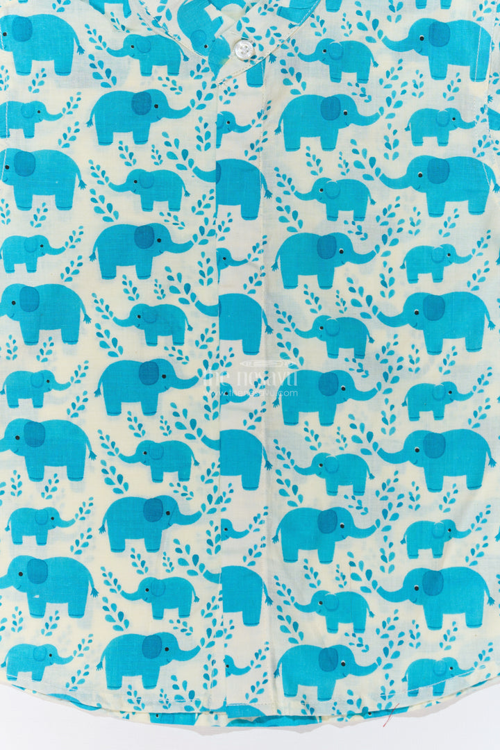 Boys Blue Shirt Half Sleeve in Cotton Block Print with Adorable Elephant Motif