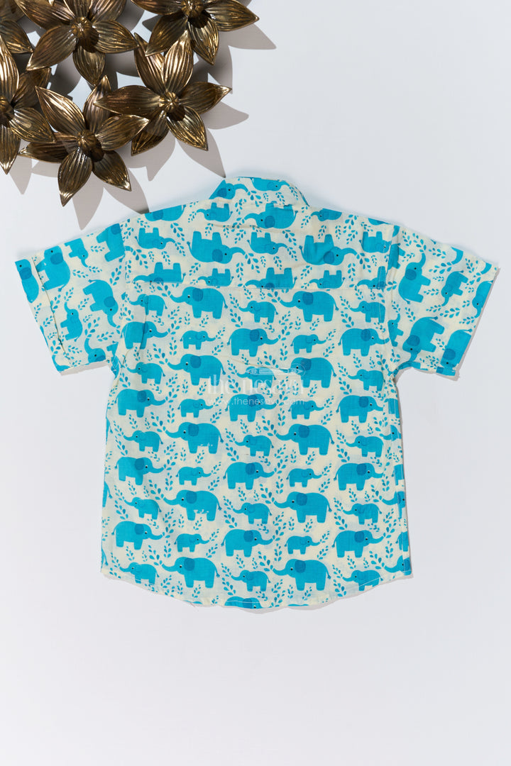 Boys Blue Shirt Half Sleeve in Cotton Block Print with Adorable Elephant Motif