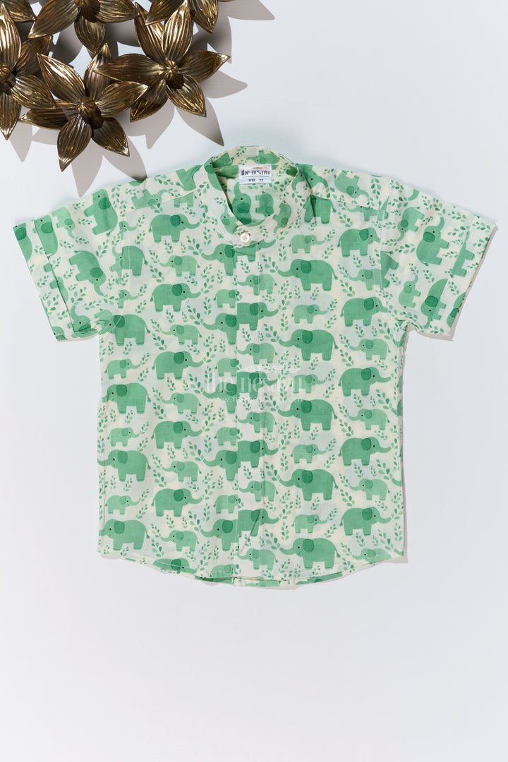 Boys Olive Green Half Sleeve Shirt in Cotton Block Print with Adorable Elephant Design