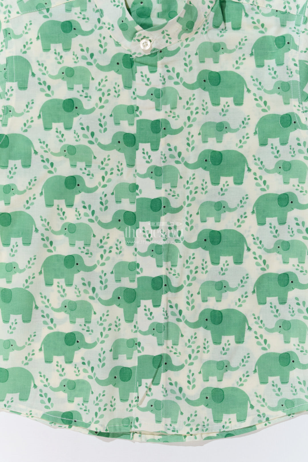 Boys Olive Green Half Sleeve Shirt in Cotton Block Print with Adorable Elephant Design