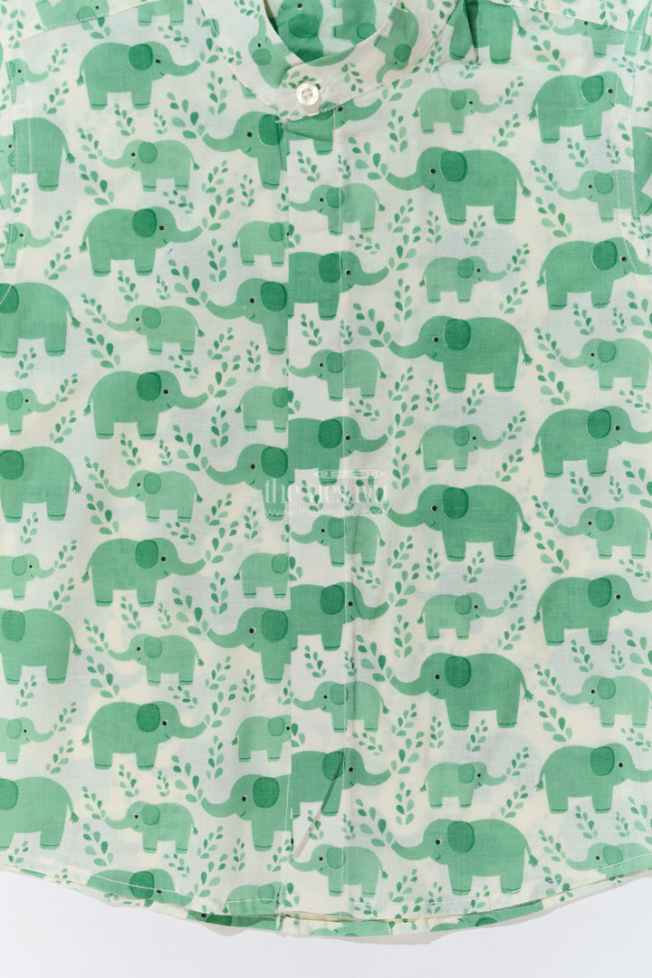 Boys Olive Green Half Sleeve Shirt in Cotton Block Print with Adorable Elephant Design