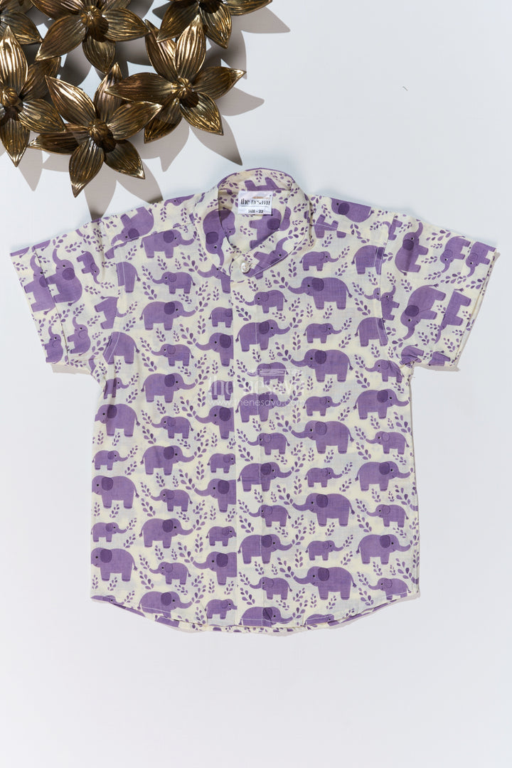 Boys Purple Half Sleeve Shirt in Cotton Block Print with Adorable Elephant Design