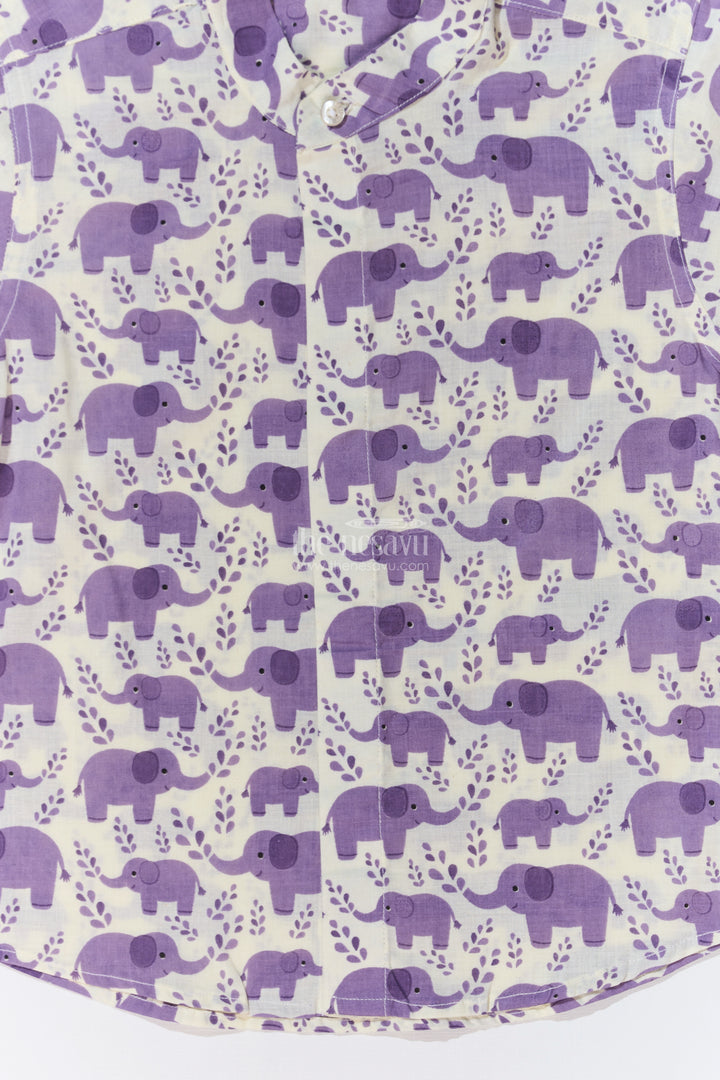 Boys Purple Half Sleeve Shirt in Cotton Block Print with Adorable Elephant Design