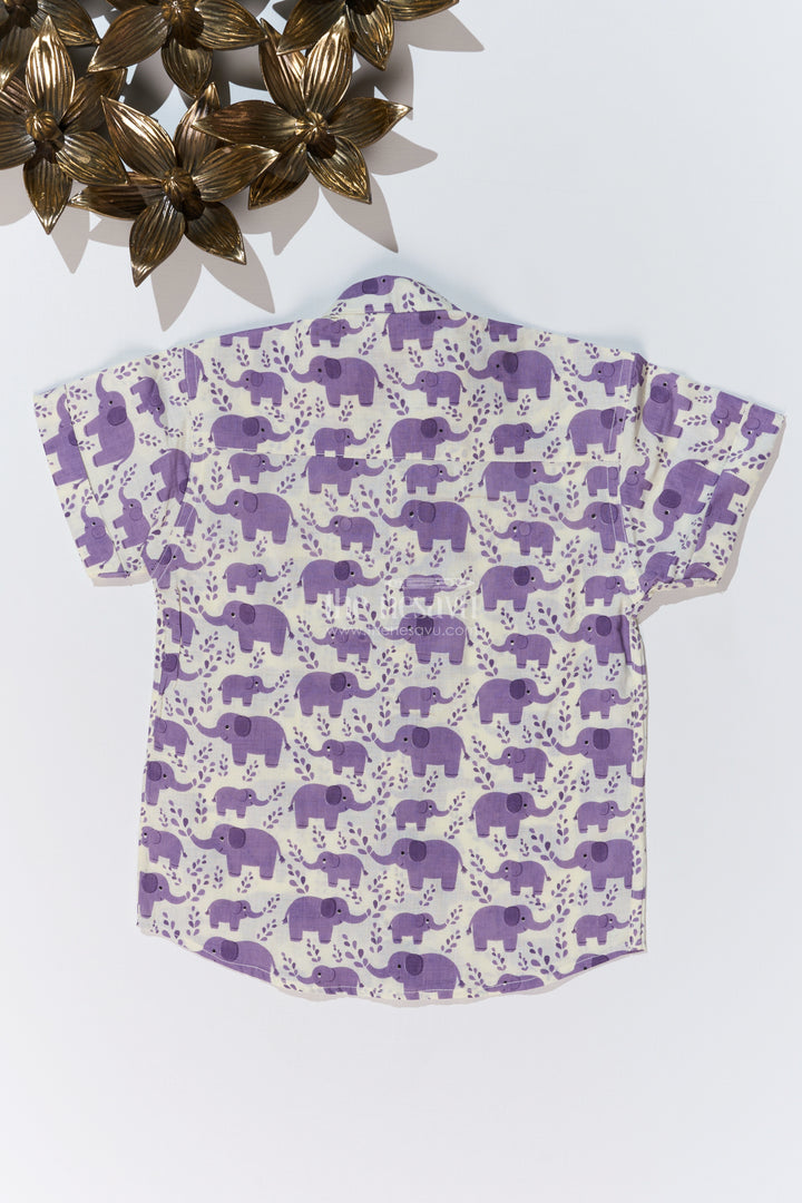 Boys Purple Half Sleeve Shirt in Cotton Block Print with Adorable Elephant Design