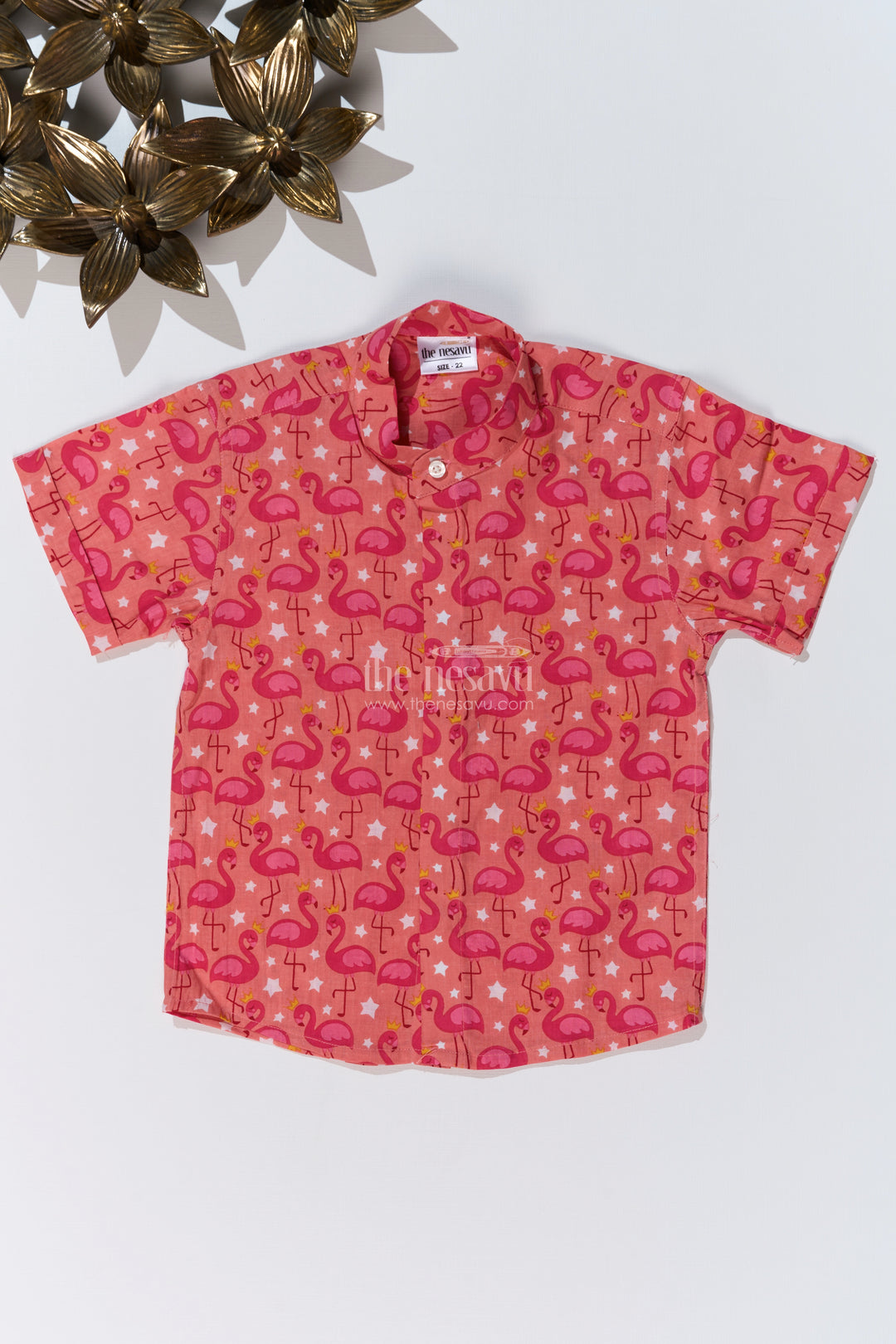 Boys Red Shirt Half Sleeve in Cotton Block Print with Flamingo Pattern