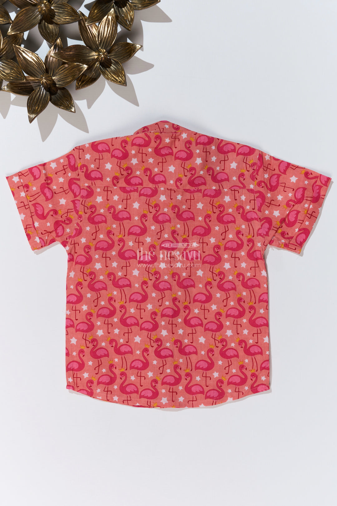 Boys Red Shirt Half Sleeve in Cotton Block Print with Flamingo Pattern