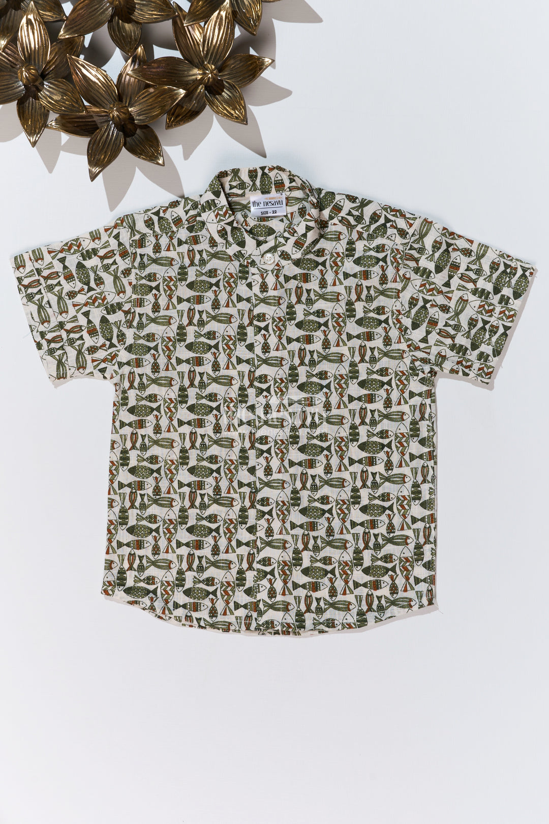 Boys Casual Cotton Shirts in Block Print with Classic Fish Motif for Everyday Wear