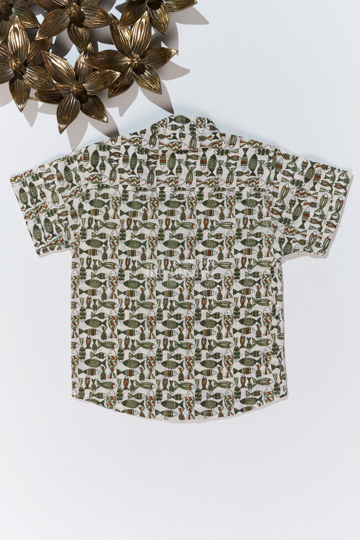 Boys Casual Cotton Shirts in Block Print with Classic Fish Motif for Everyday Wear