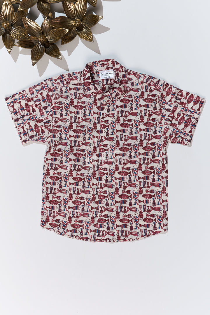 Boys Matching Shirts for Brothers in Cotton Block Print with Traditional Fish Motif