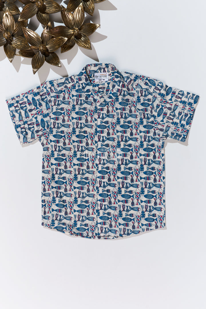 Boys Holiday Shirt Dress in Cotton Block Print with Traditional Fish Motif for a Relaxed Look