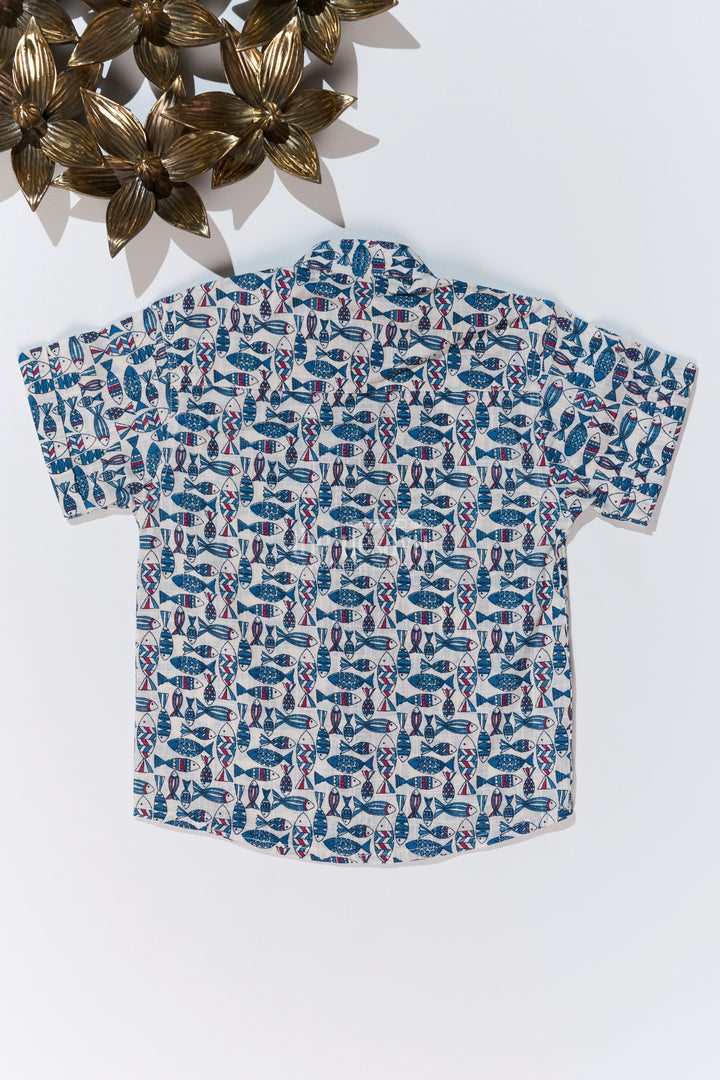 Boys Holiday Shirt Dress in Cotton Block Print with Traditional Fish Motif for a Relaxed Look