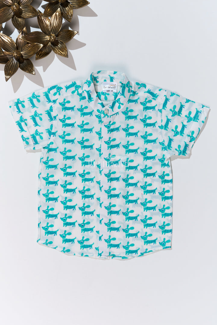 Boys Shirt Half Sleeve in Cotton Block Print with Cute Dog Pattern