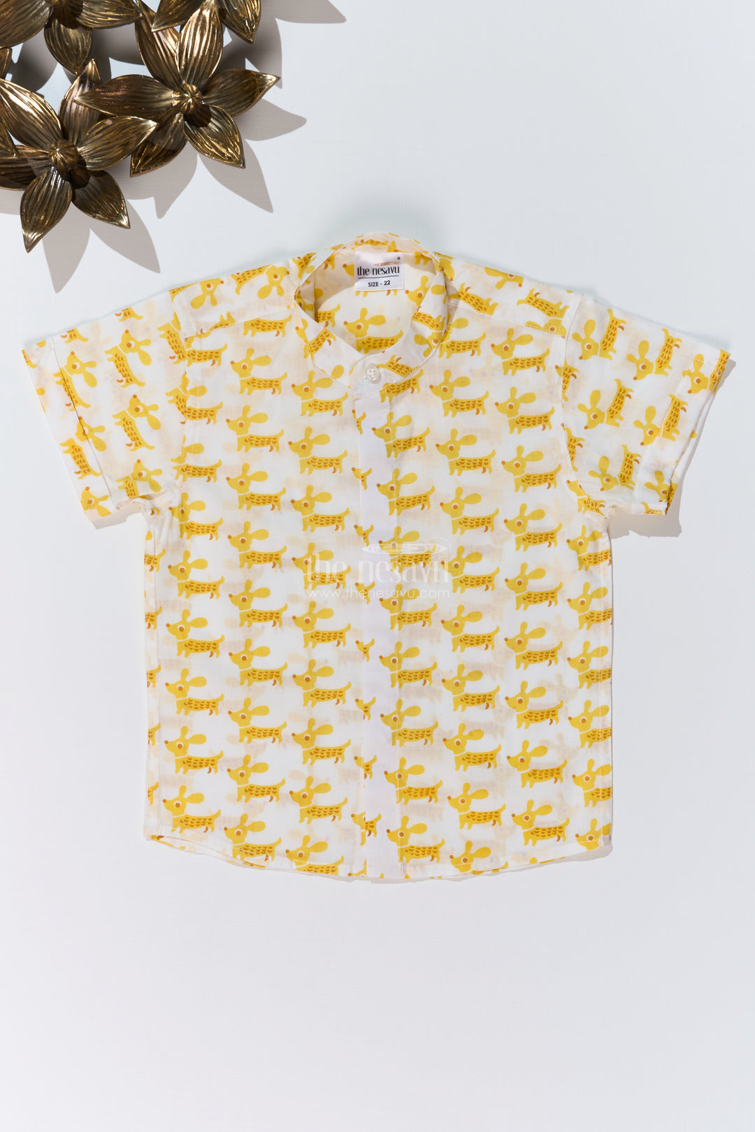 Boys Half Sleeve Yellow Shirt in Cotton Block Print with Fun Dog Print