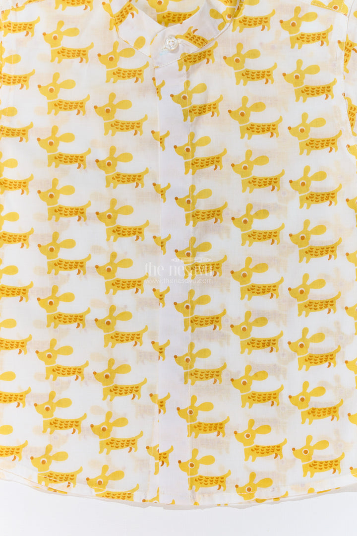 Boys Half Sleeve Yellow Shirt in Cotton Block Print with Fun Dog Print