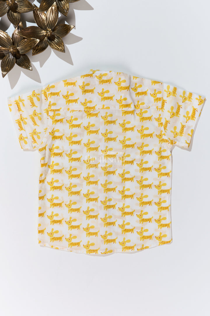 Boys Half Sleeve Yellow Shirt in Cotton Block Print with Fun Dog Print