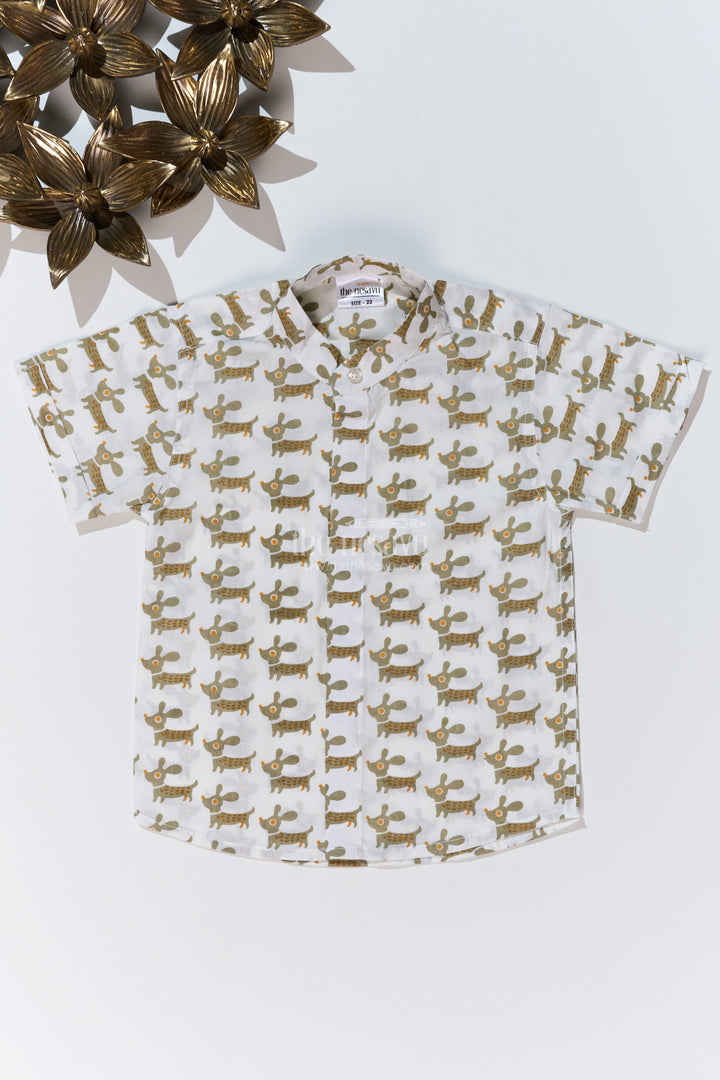 Boys Half Hand Printed Shirt in Cotton Block Print with Playful Dog Motif