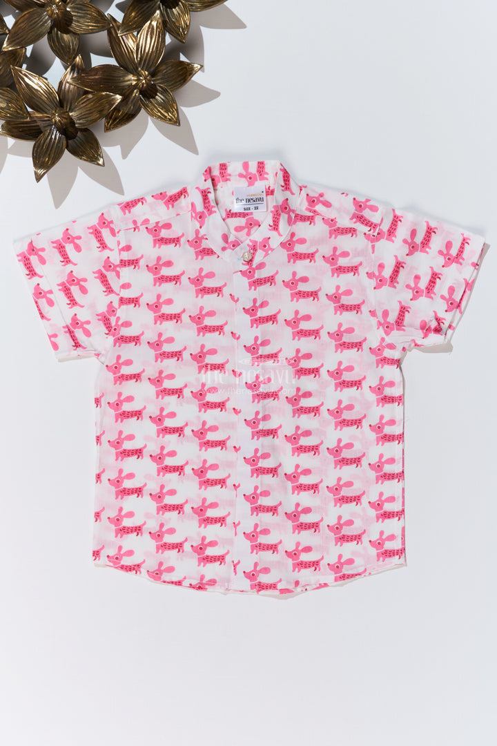 Boys Pink Half Shirt in Cotton Block Print with Adorable Dog Design