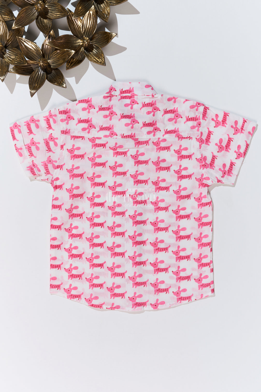 Boys Pink Half Shirt in Cotton Block Print with Adorable Dog Design