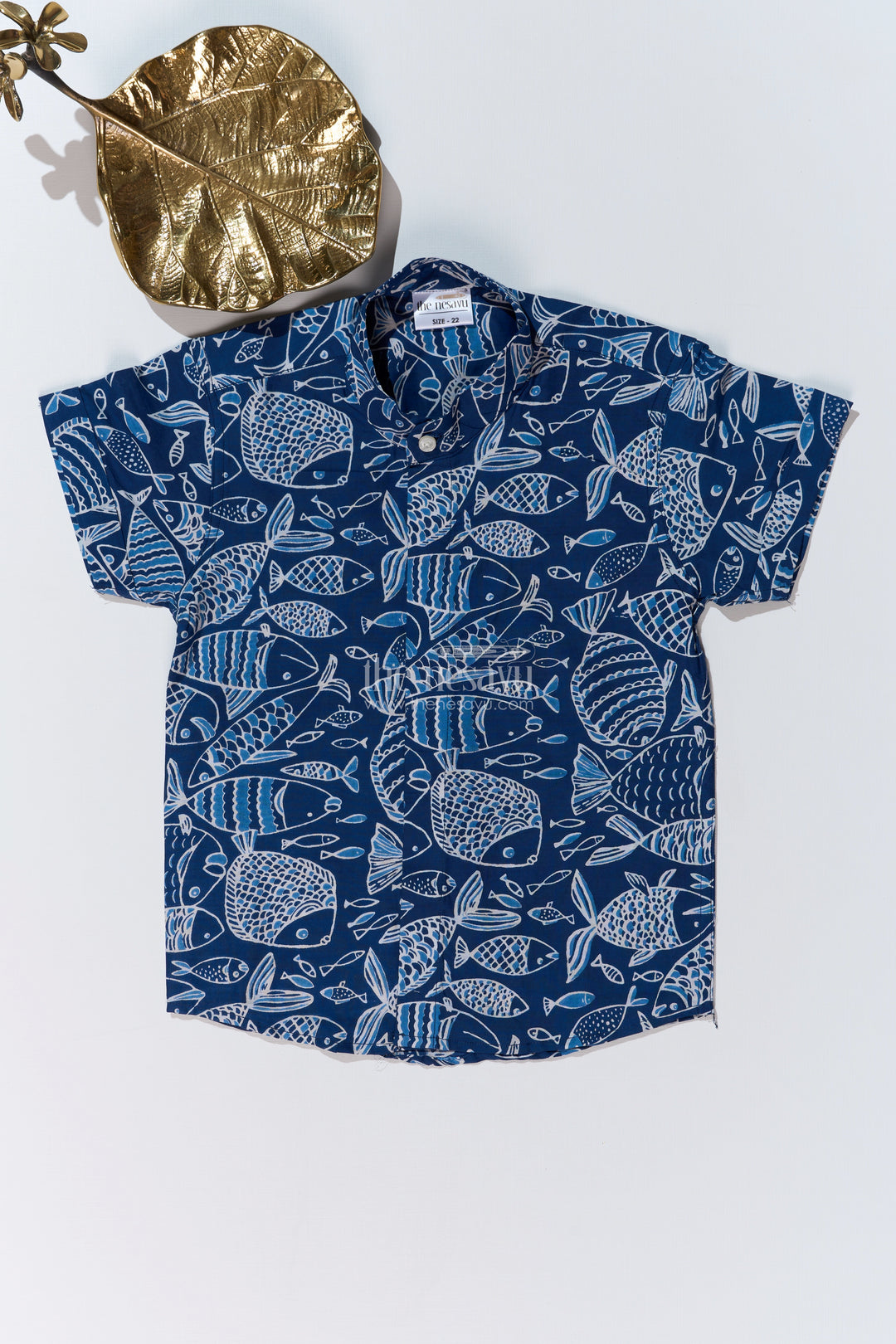 Boys Stylish Cotton Shirts in Blue Cotton Block Print with Intricate Fish Motif