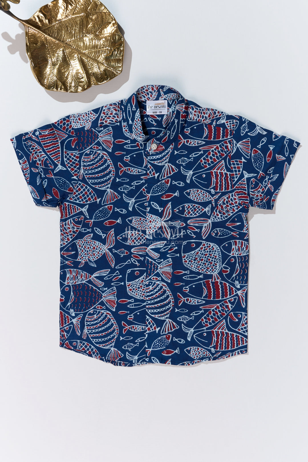 Boys Blue Designer Shirt in Cotton Block Print with Vibrant Fish Pattern