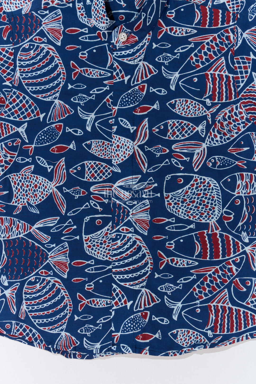 Boys Blue Designer Shirt in Cotton Block Print with Vibrant Fish Pattern