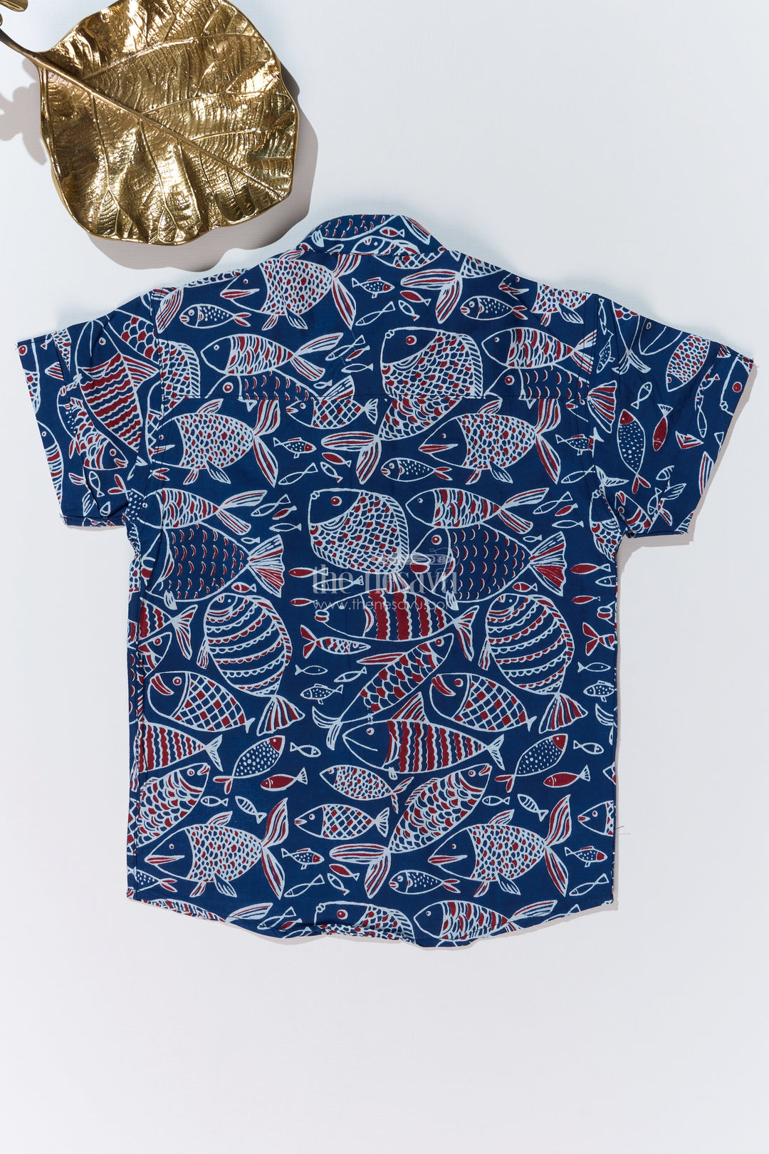 Boys Blue Designer Shirt in Cotton Block Print with Vibrant Fish Pattern