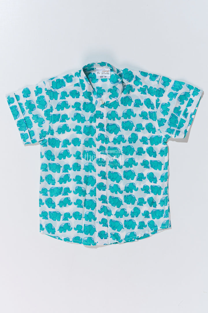 Boys Cotton Shirt Half Sleeve in Cotton Block Print with Fun Elephant Pattern