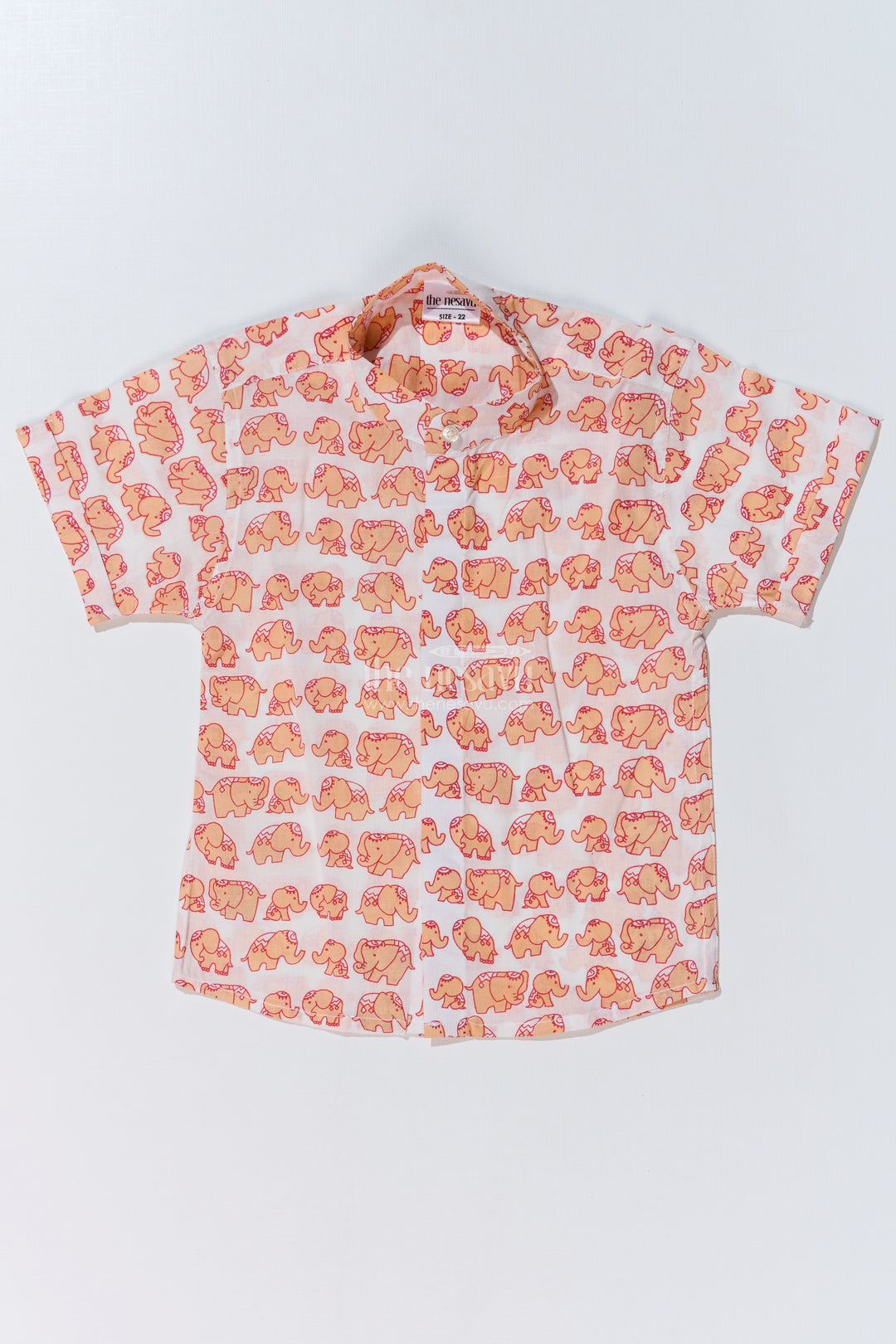 Boys Orange Half Shirt in Cotton Block Print with Playful Elephant Motif