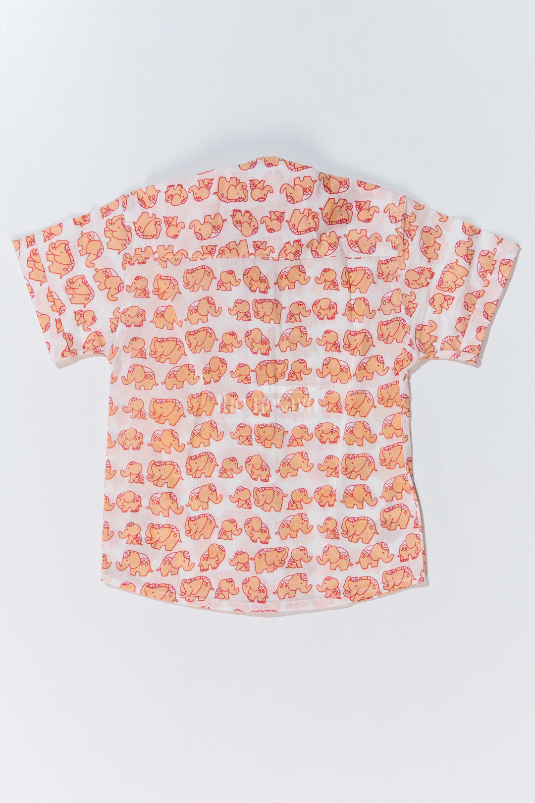 Boys Orange Half Shirt in Cotton Block Print with Playful Elephant Motif