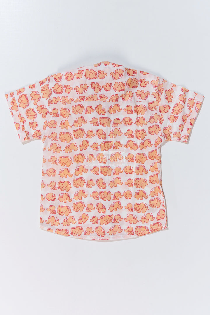 Boys Orange Half Shirt in Cotton Block Print with Playful Elephant Motif