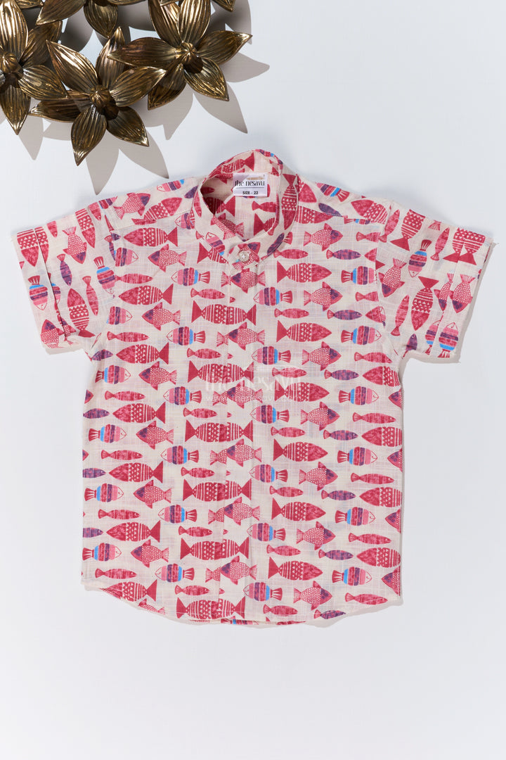 Boys Cotton Half Sleeve Shirt with Fish Print in Vibrant Shades for Casual Comfort