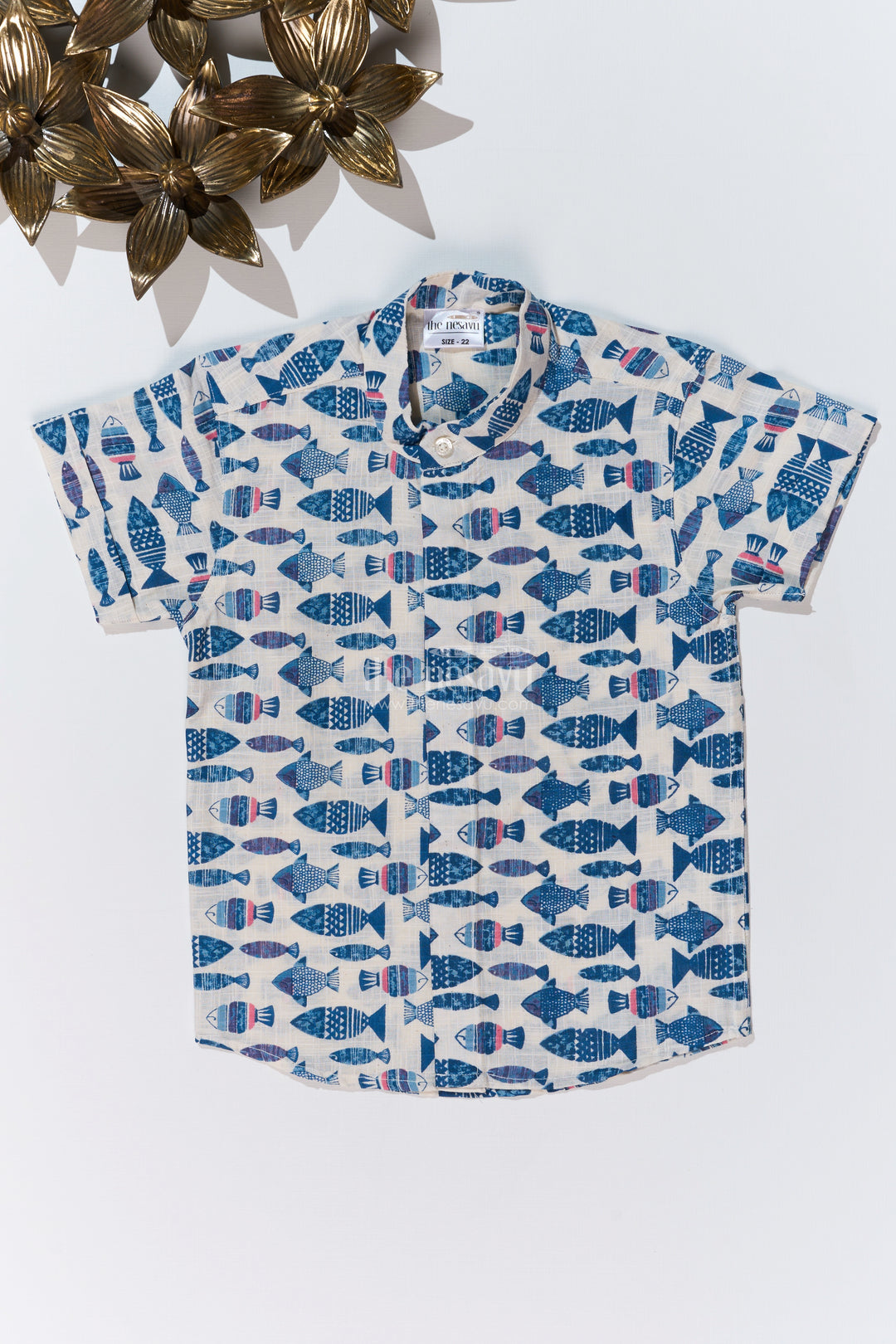 Boys Half Hand Printed Shirt in Pure Cotton with Nautical Fish Motifs for a Trendy Look