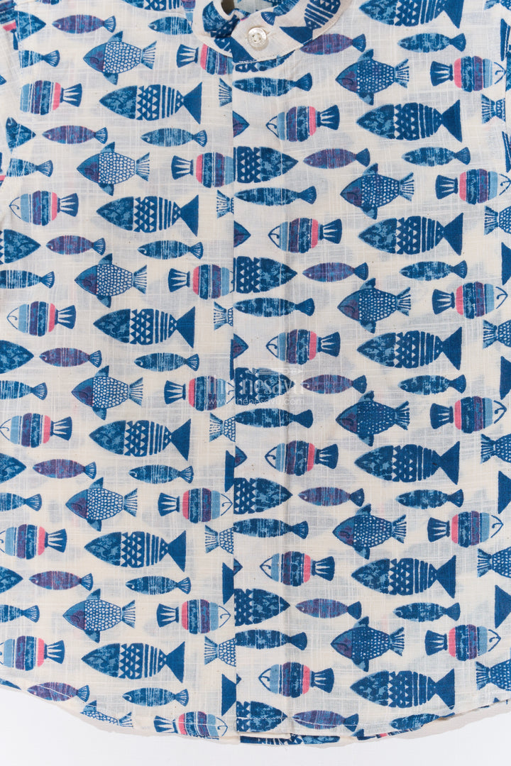 Boys Half Hand Printed Shirt in Pure Cotton with Nautical Fish Motifs for a Trendy Look