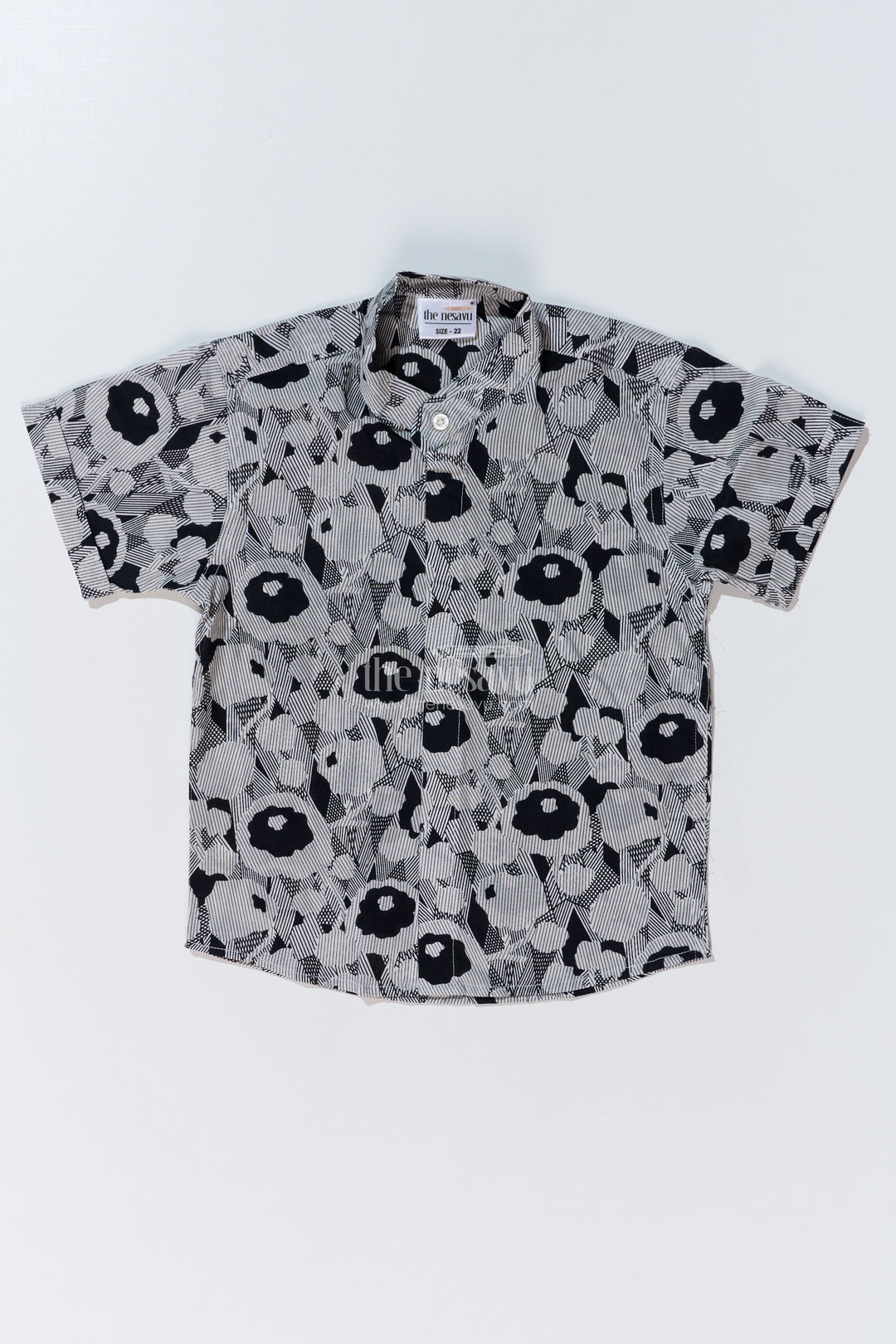 Boys Black Half Sleeve Cotton Shirt in Cotton Block Print with Abstract Floral Design