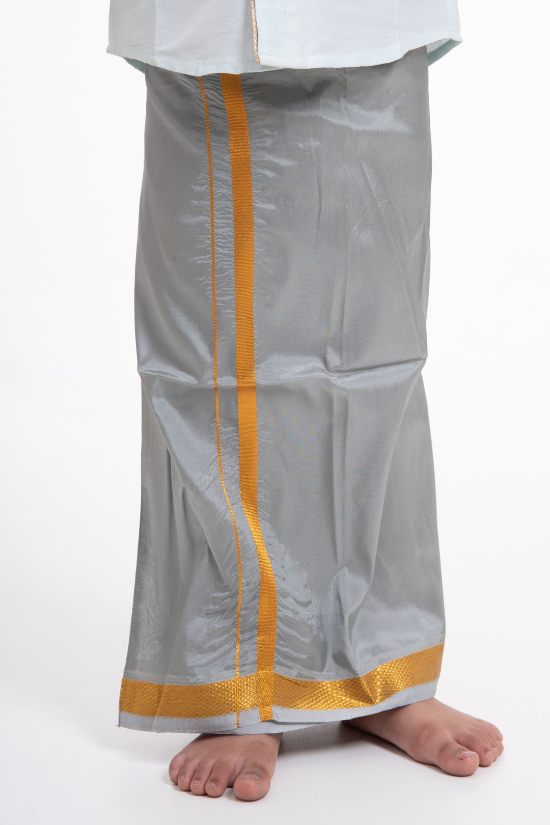 Boys Traditional Grey Silk Dhoti with Golden Accents