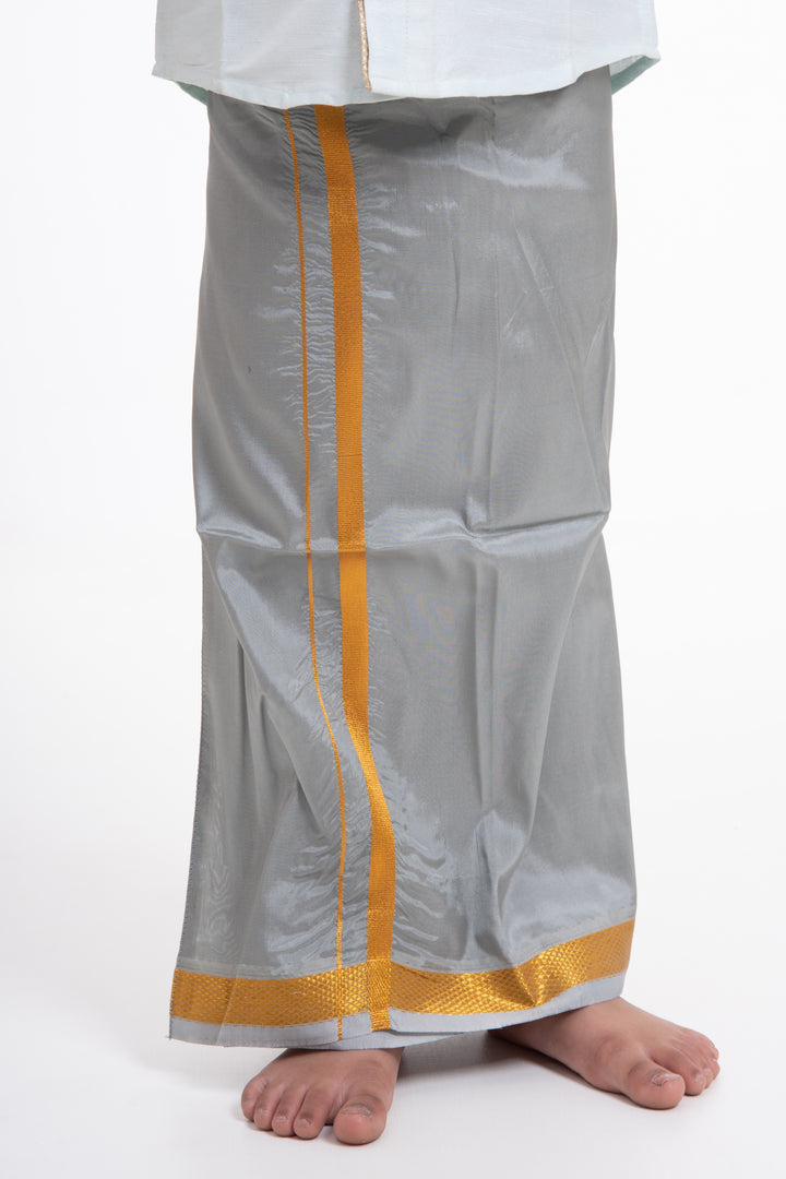 Boys Traditional Grey Silk Dhoti with Golden Accents